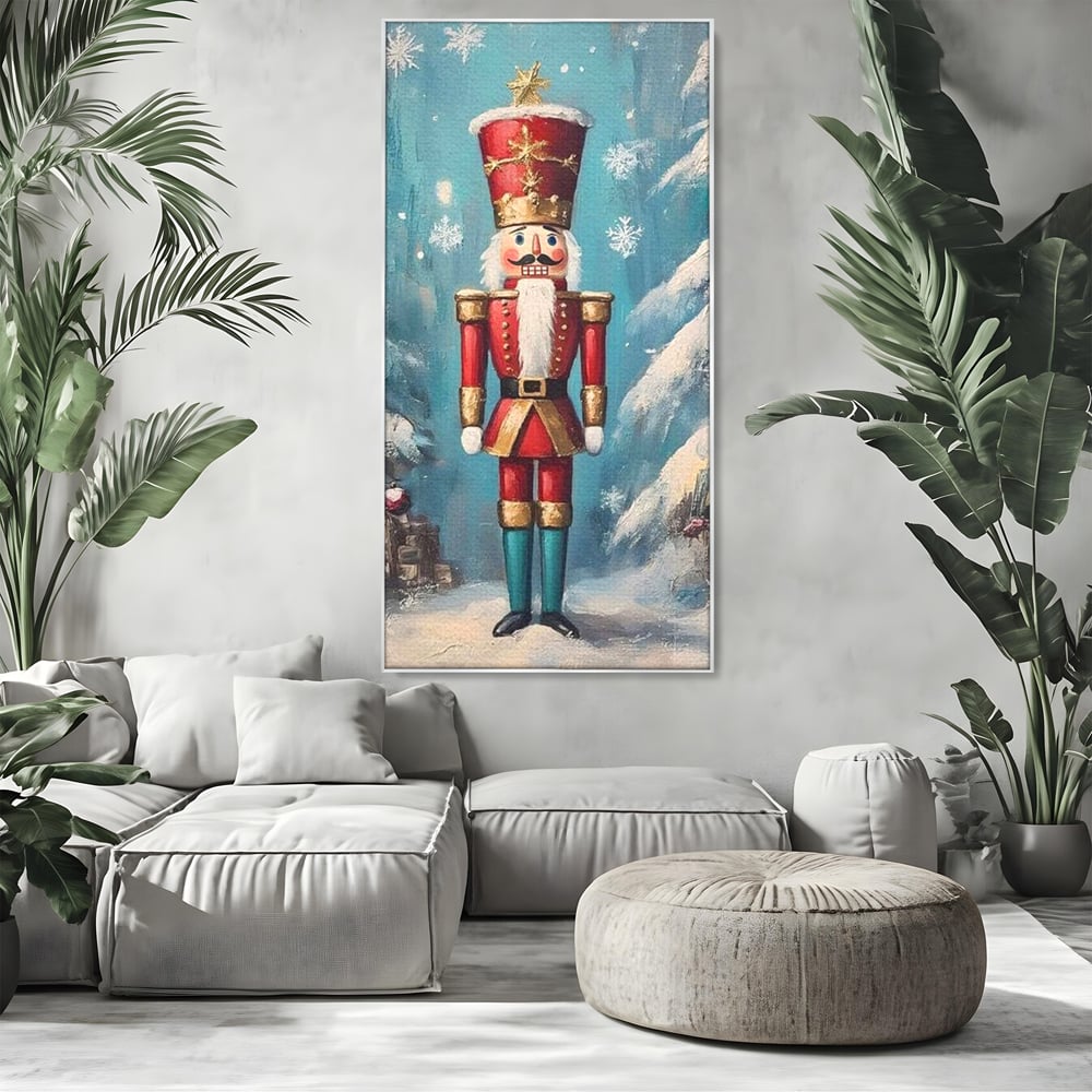 Tablou canvas cu tablou canvas cu spargator de nuci, in rama de aluminiu argintiu, pe perete intr-un living